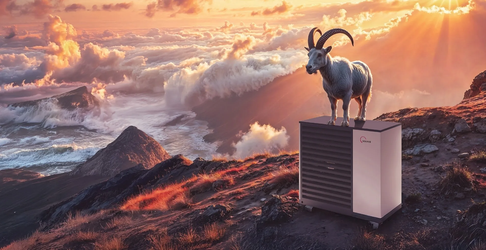 Ein majestätischer Steinbock steht auf einer modernen Wärmepumpe auf einem Berggipfel, umgeben von dramatisch beleuchteten Wolken und Sonnenstrahlen.