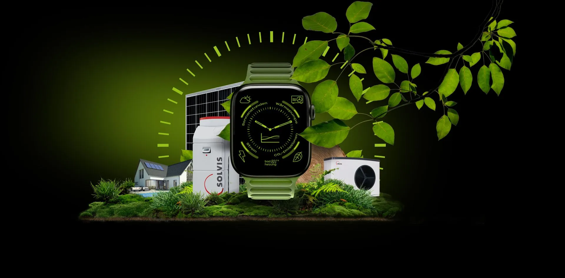 Bildmontage Energieuhr und erneuerbare Energien.