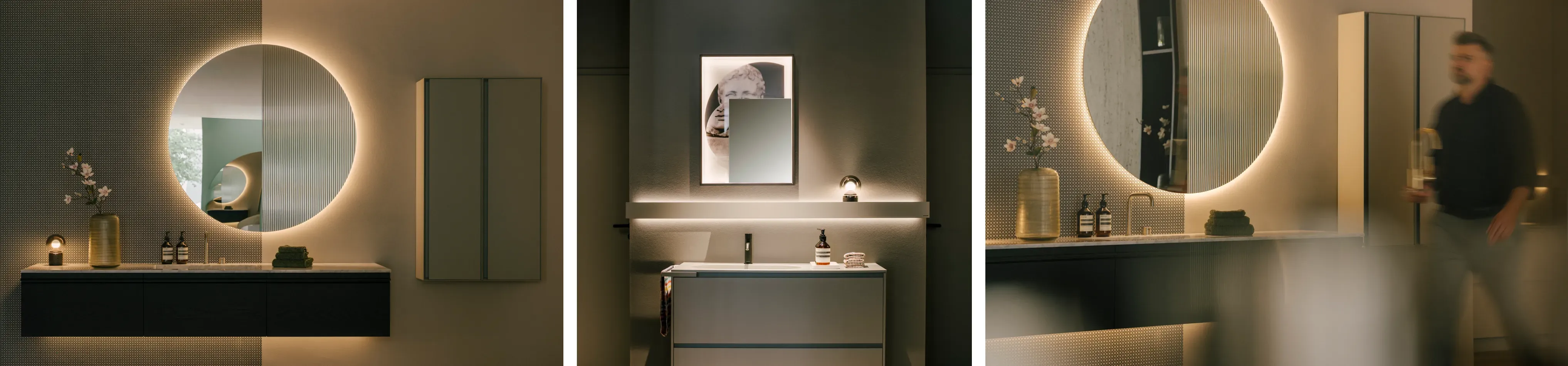 Bildmontag bestehend aus drei Einzelbildern, die jedes für sich ein hochwertig designtes Badezimmer zeigen.