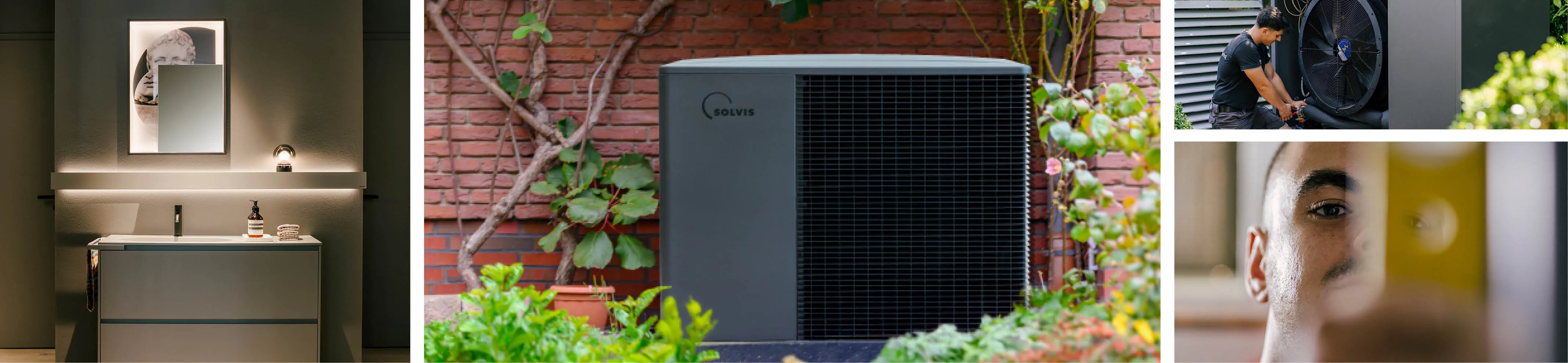 Außen aufgestellte Luft-Wasser-Wärmepumpe Solvis Lea Pro an Wohnhaus mit moderner Heiztechnik.