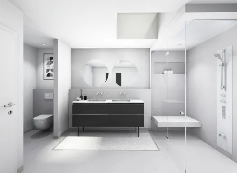 3D-Entwurfsplanung helles Badezimmer mit dunklen Waschtisch.