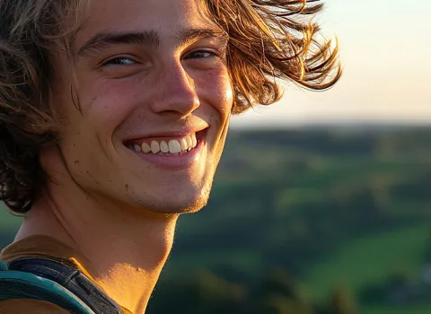 Ein fröhlicher junger Mann mit Outdoor-Rucksack posiert in einer idyllischen Hügellandschaft bei goldenem Abendlicht.