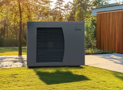 Eine Solvis-Wärmepumpe steht auf einer Rasenfläche vor einem modernen Mehrfamilienhaus mit Holzfassade, umgeben von Bäumen und warmem Sonnenlicht.