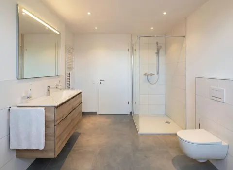 Fotorealistischer Planungsentwurf eines geräumigen Economy-Bades mit Glasdusche, Holzwaschtisch und großem Spiegel. Dezente Ausstattung für einen schlichten, eleganten Look.