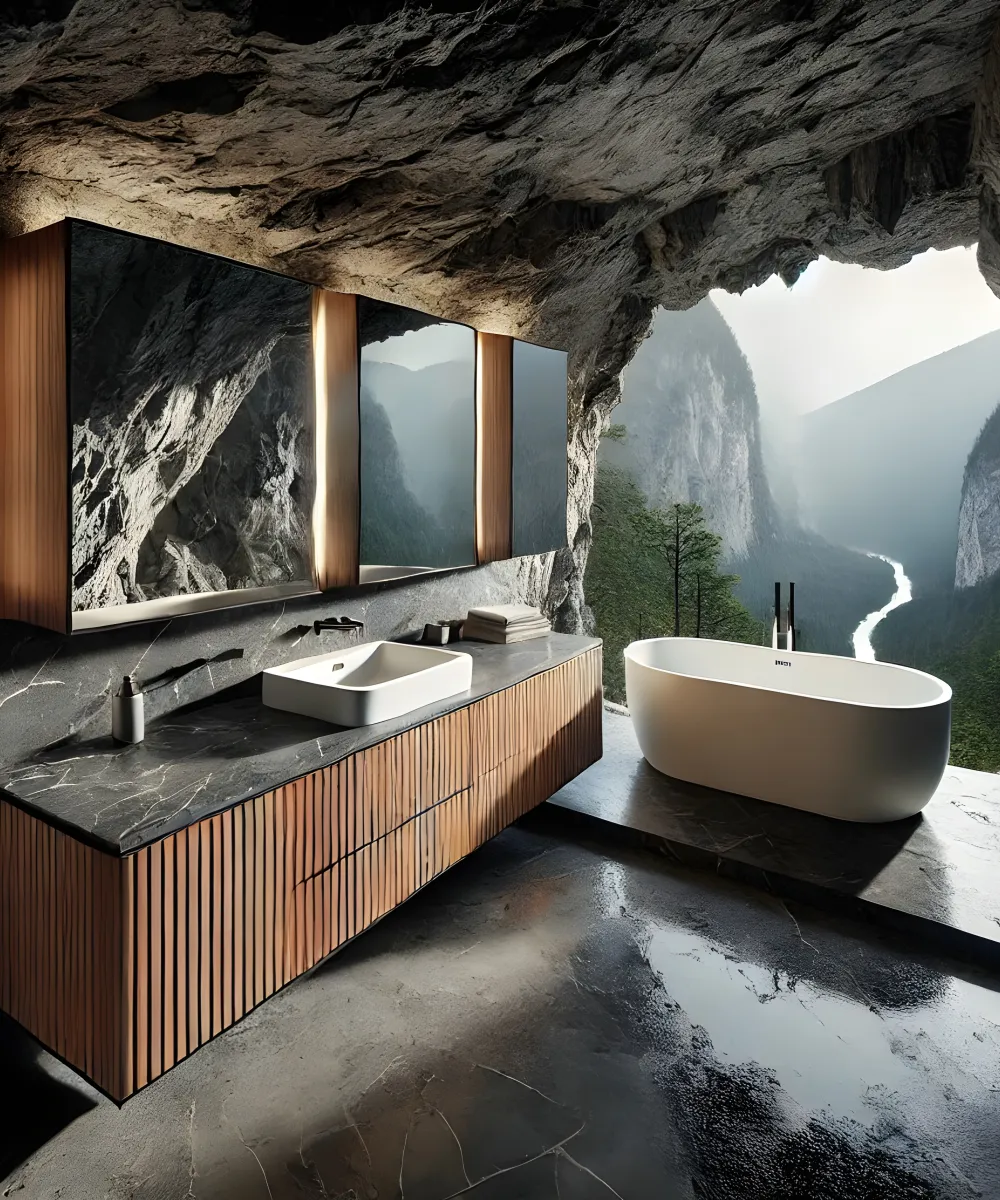 KI-generiertes Bild eines Badezimmers mit freistehender Badewanne in einer Felshöhle hoch über einem Flusstal. 