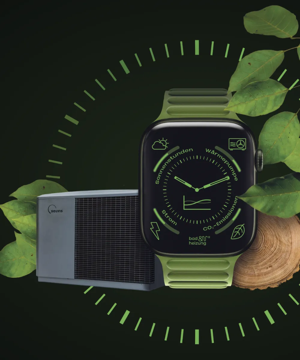 Bildmontage zeigt erneuerbare Energien mit Wärmepumpe SolvisLea Pro, Holz und Energieuhr.