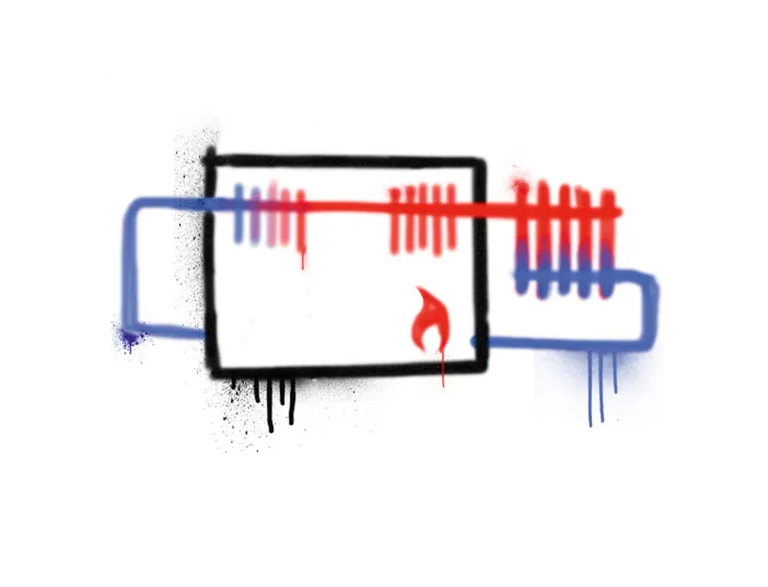 Graffiti stellt Funktionsweise einer Gas-Öl-Hybridheizung dar.