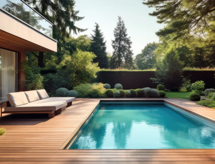 Schwimmbecken mit Holzumrandung neben Haus und Bäumen.