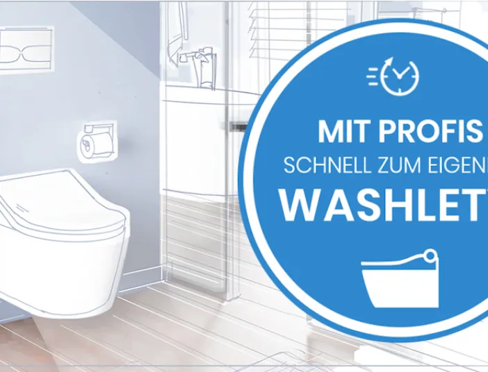 WASHLET-Illustration mit Banner "Mit Profis schnell zu eigenen WASHLET".