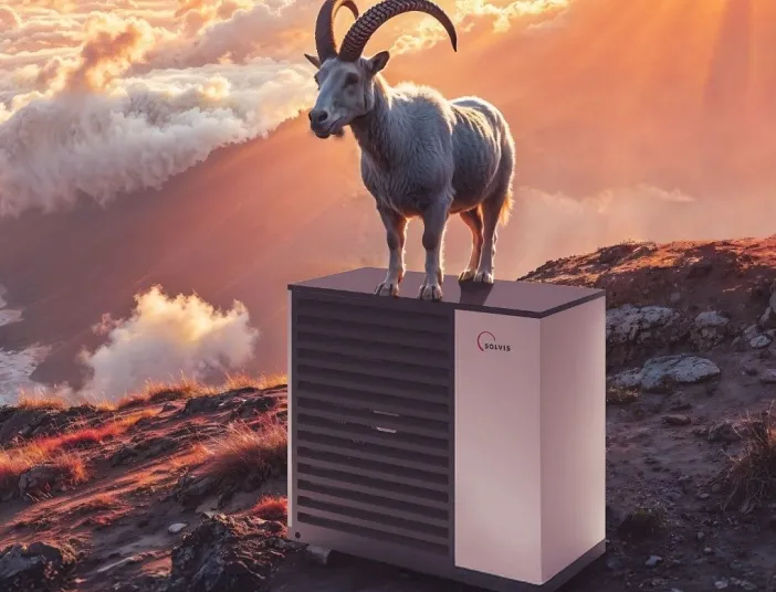 Ein majestätischer Steinbock steht auf einer modernen Wärmepumpe auf einem Berggipfel, umgeben von dramatisch beleuchteten Wolken und Sonnenstrahlen.